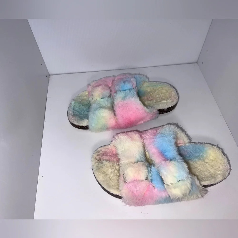 Faux fur pastel elastic double buckle slip on sandals, girls size 13/ 1 - Picture 3 of 10